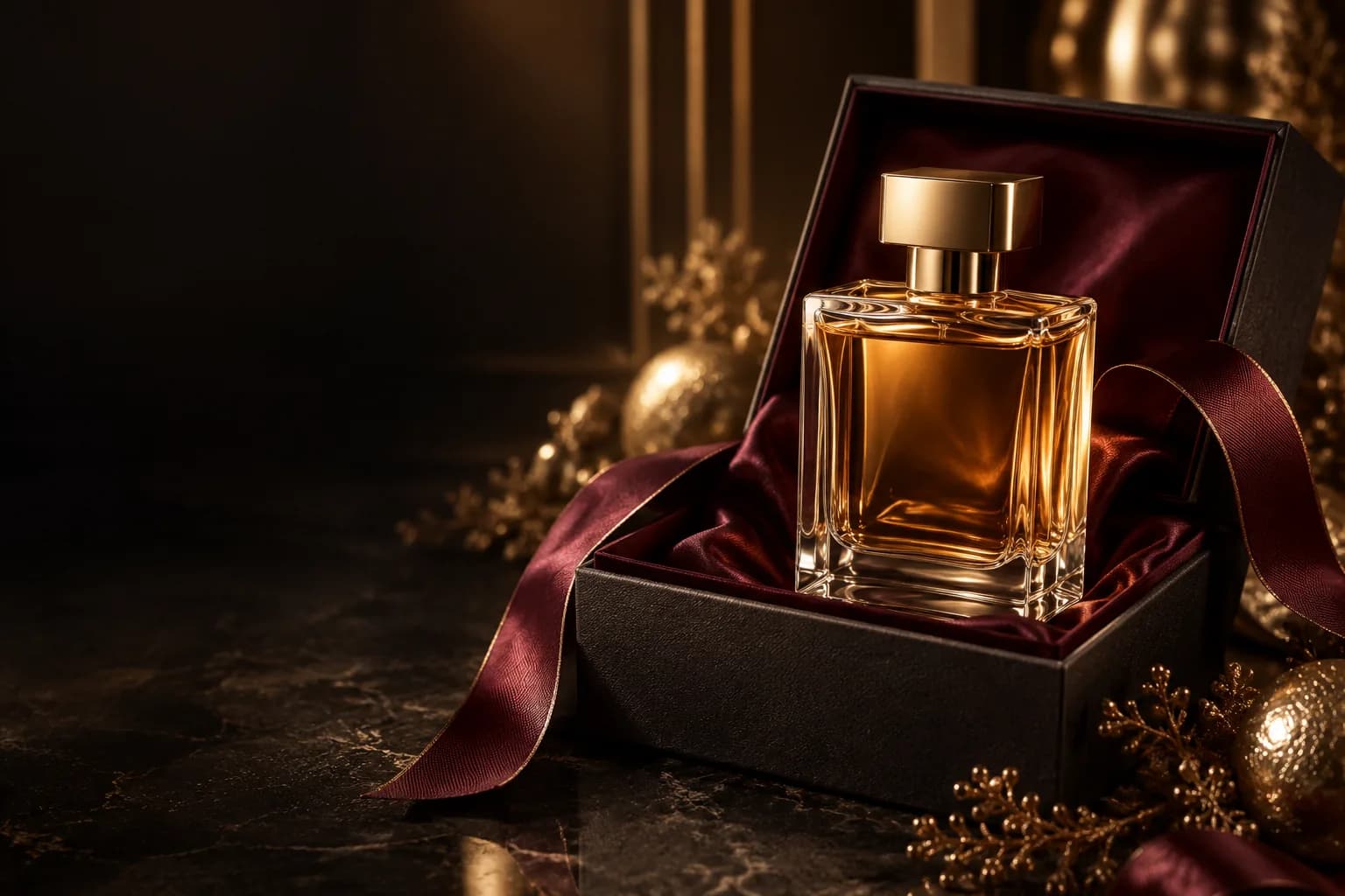 Frasco grande de perfume en una caja de regalo de lujo
