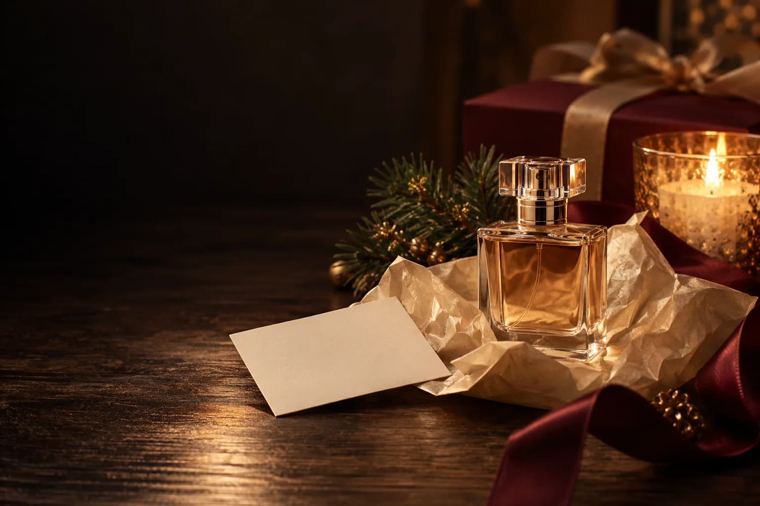 Frasco pequeño de perfume como detalle de Navidad junto a una vela
