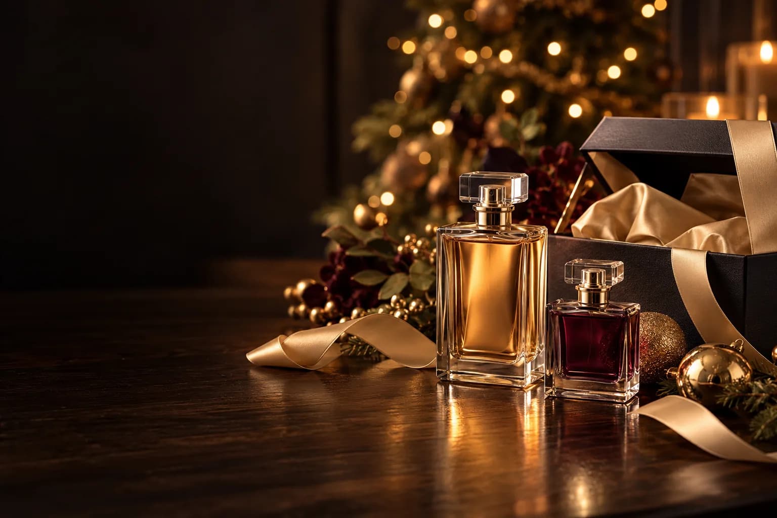 Dos frascos de perfume junto a una caja de regalo con cinta dorada