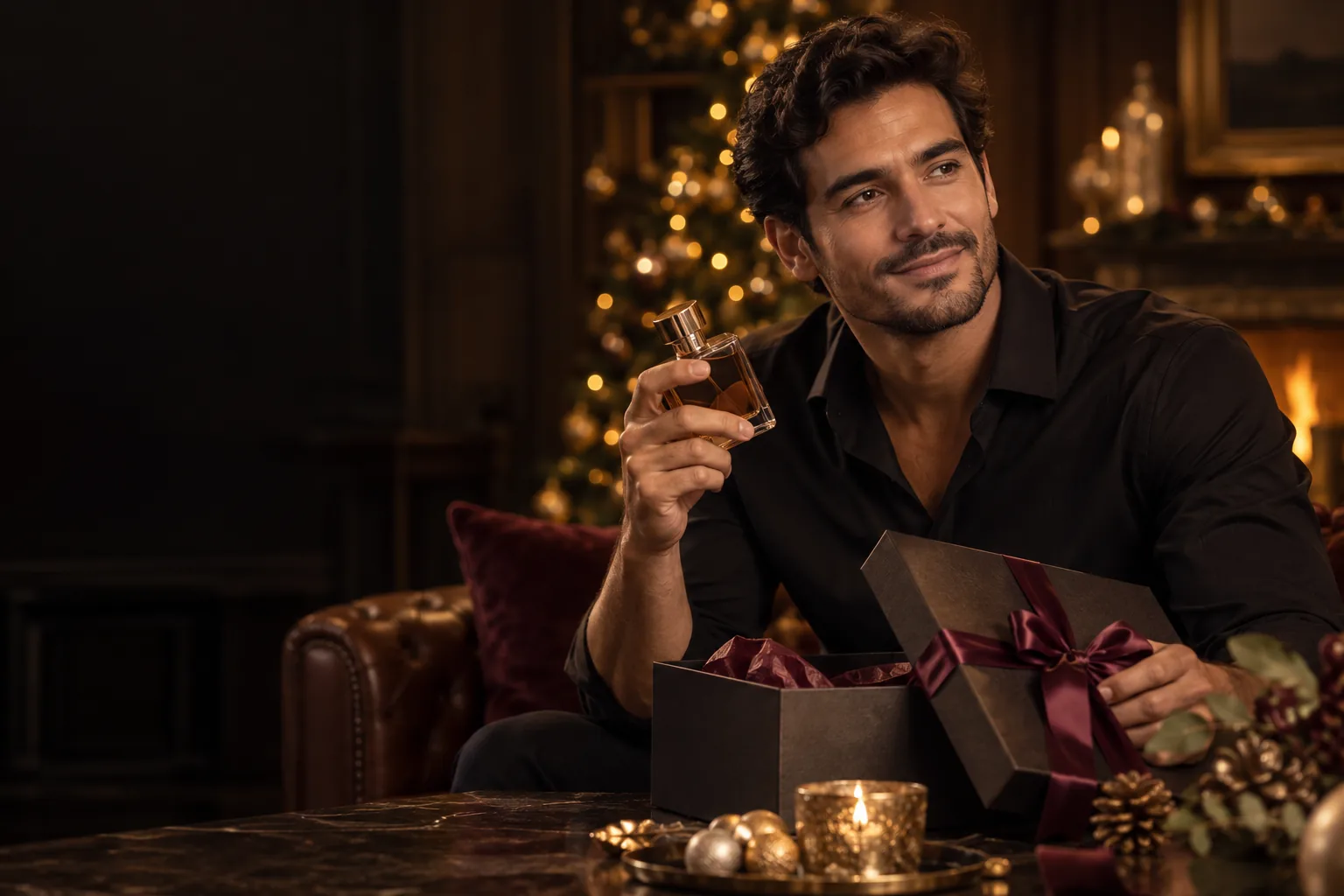 Hombre elegante con un perfume de regalo en un ambiente cálido