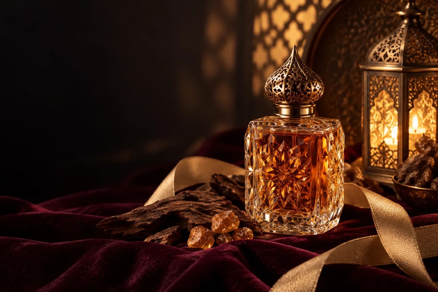 Frasco de estilo árabe junto a un farol de bronce, oud y ámbar
